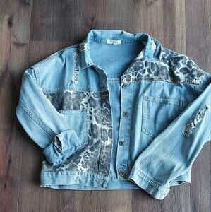 Distressed leopard denim jacket